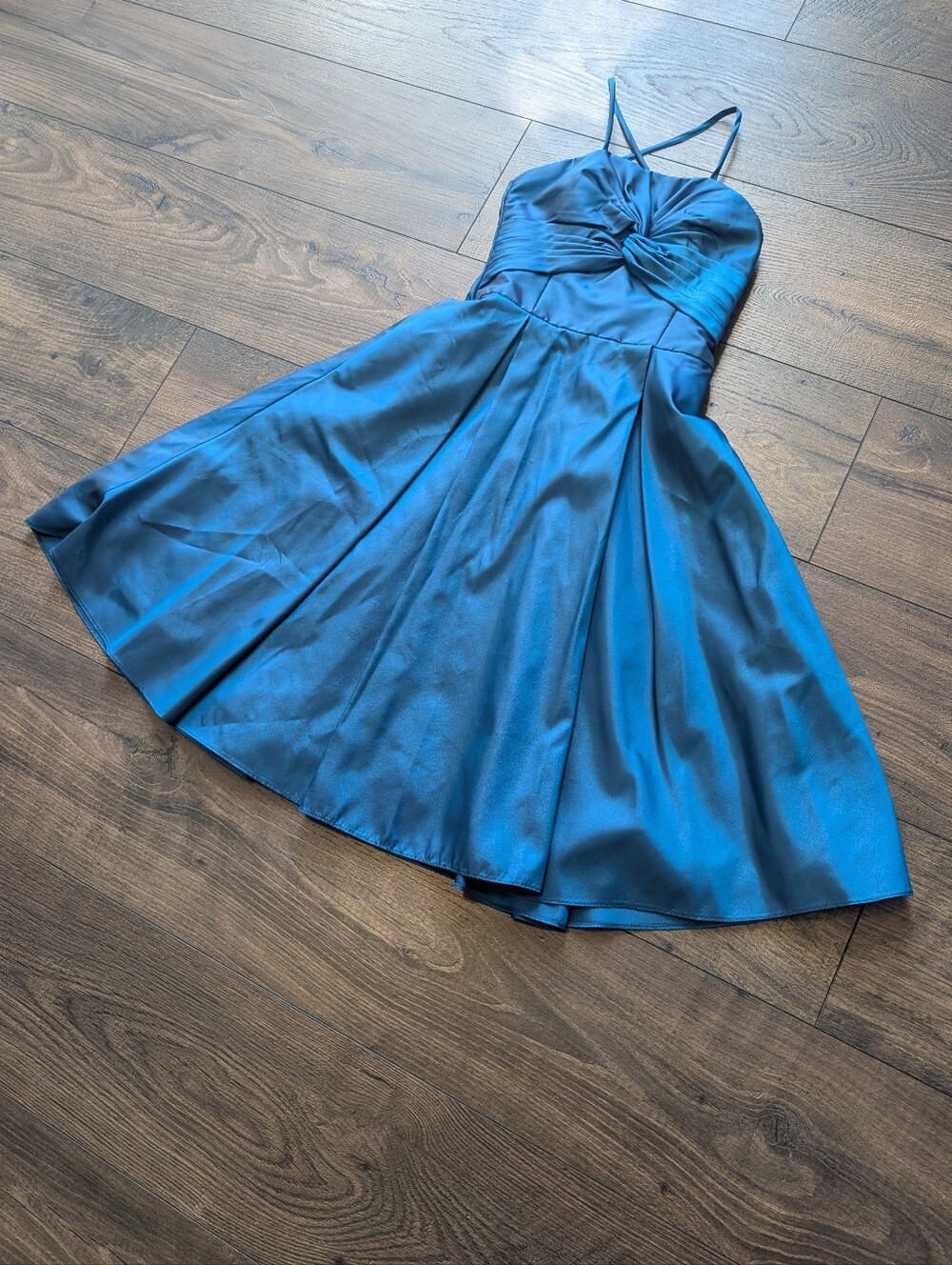 Mori Lee Twist-Front Teal Satin Midi Dress with Spaghetti Straps 3T